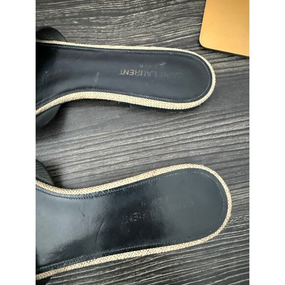 Yves Saint Laurent Beige Jute and Black Tribute Flat Slide Sandals Sz. 10.5 - Picture 5 of 8